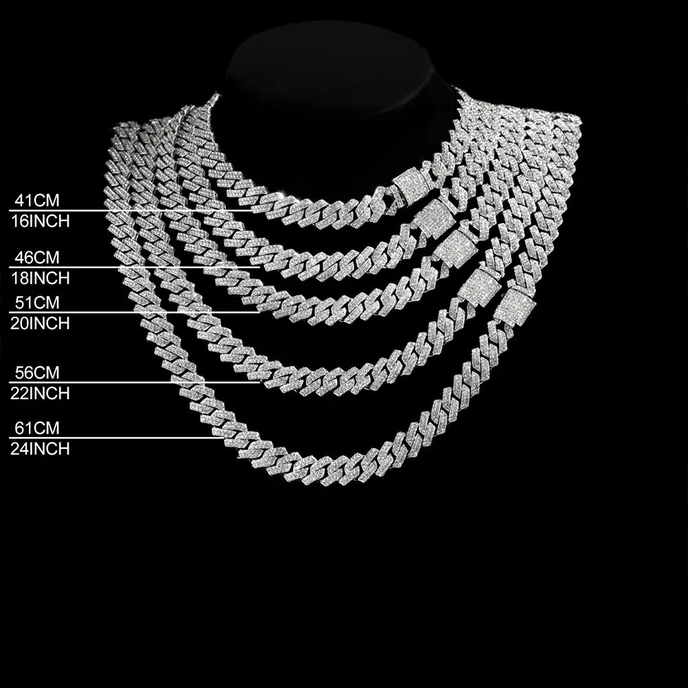 Hip Hop 14MM Prong Cuban Link Chain Necklace & Bracelet Iced Out Bling Cuban Chain Rhinestone Chains For Men Punk Rapper Jewelry
