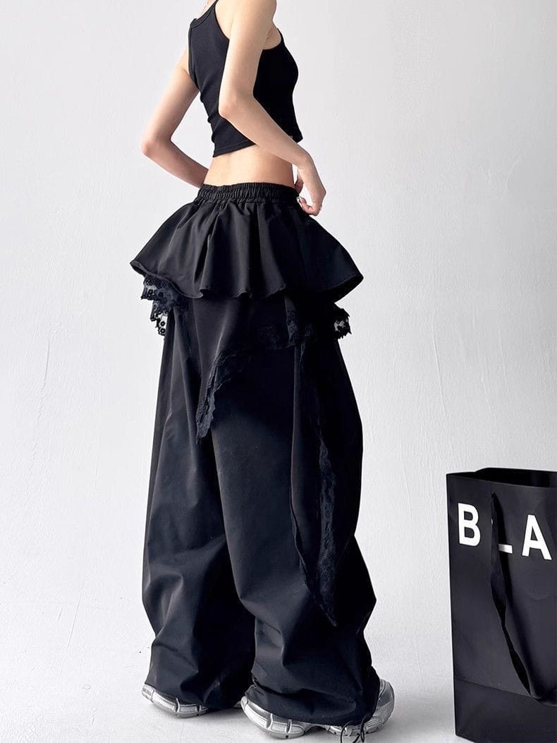 High Quality Lace Tiered Skirt Baggy Full Length Pants Hip Hop Dance Sexy Women Girls Casual Summer Trousers Elastic Drawstring
