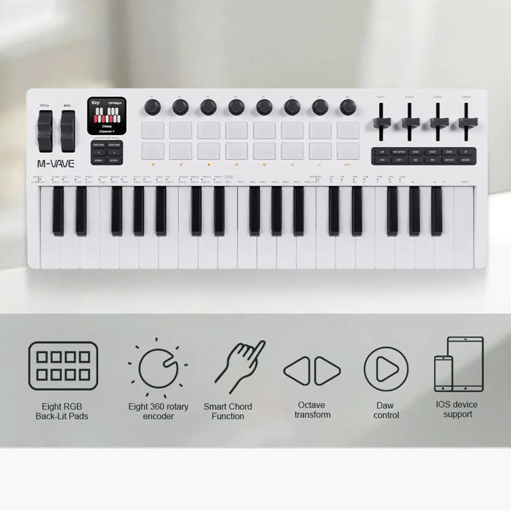 M-VAVE SMK-37 Pro MIDI Keyboard 16 Drum Pads Sound Source 37 Key RGB Keyboard Supports Wireless Connection to Multiple Systems