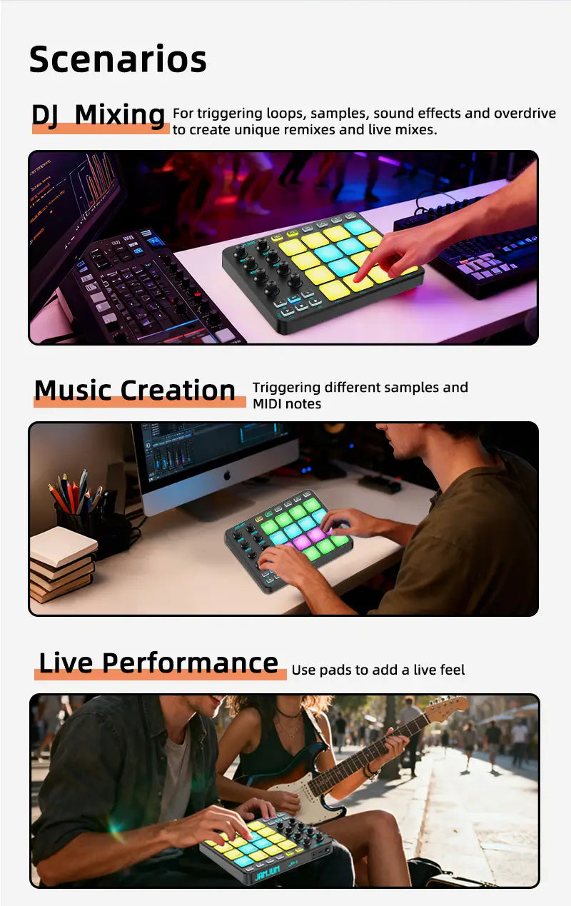 JAMJUM MIDI Controller Pad BT RGB Strike Pad Backlight MIDI Connection Low Latency 3.5mm Output Interface RGB Pad