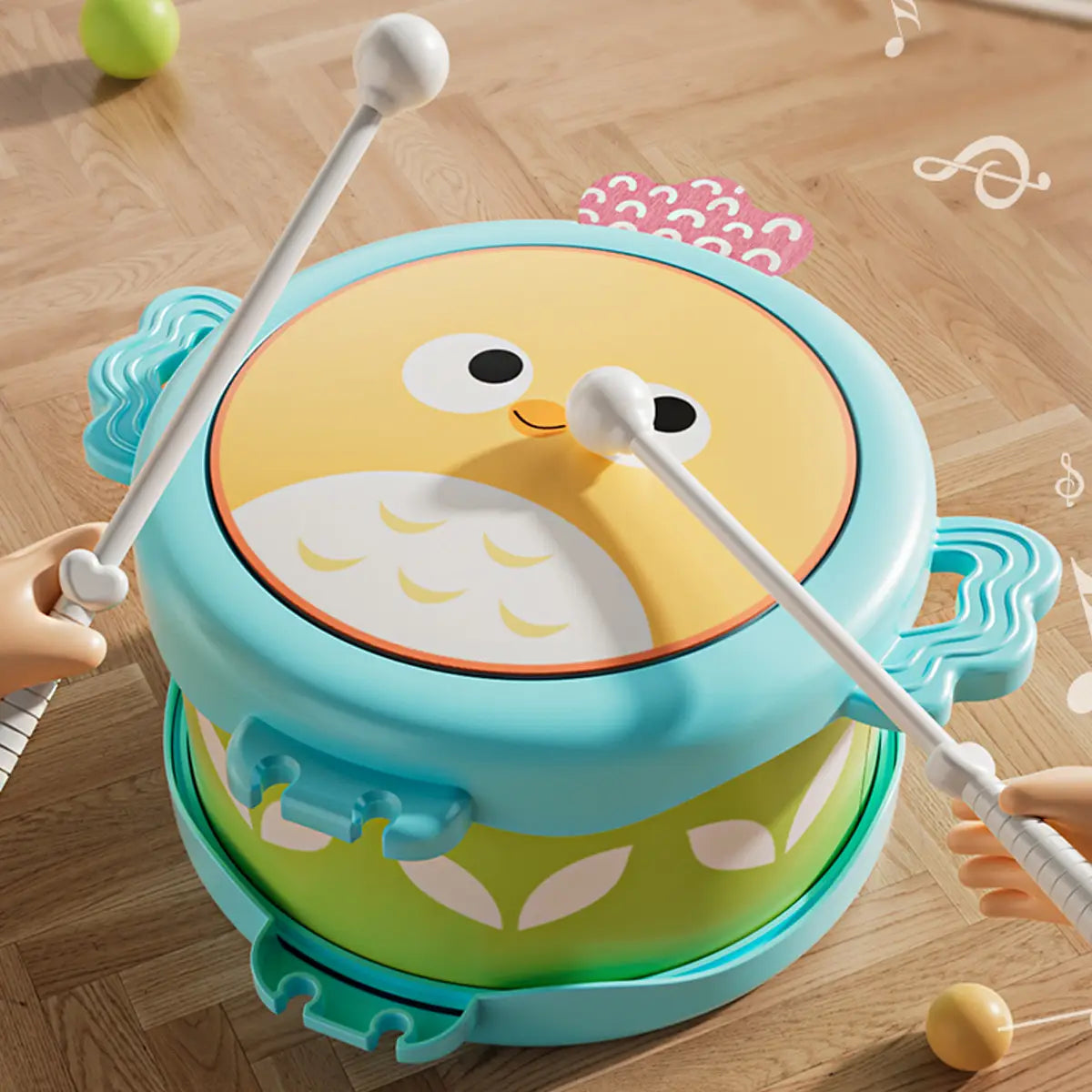 Owl Double sided Drum - Education Musical Instrument Cultivating Motor Skills Hand Eye Coordination and Brain Potential