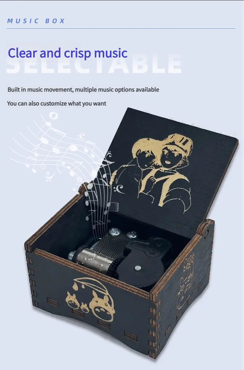 Wooden music box creative spring music box laser engraving gift giveaway stall toy display solid wood music box