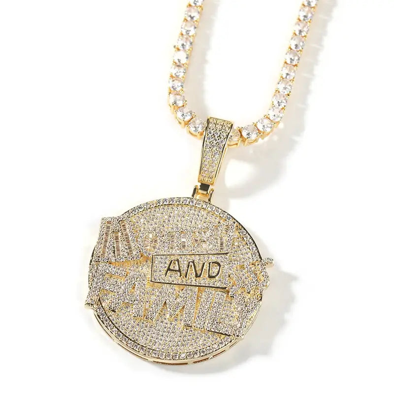 Hip Hop Round Coin Pave Crystal Money And Family Pendant With Iced Out Tennis Chain Necklace Choker For Men Rapper Jewelry