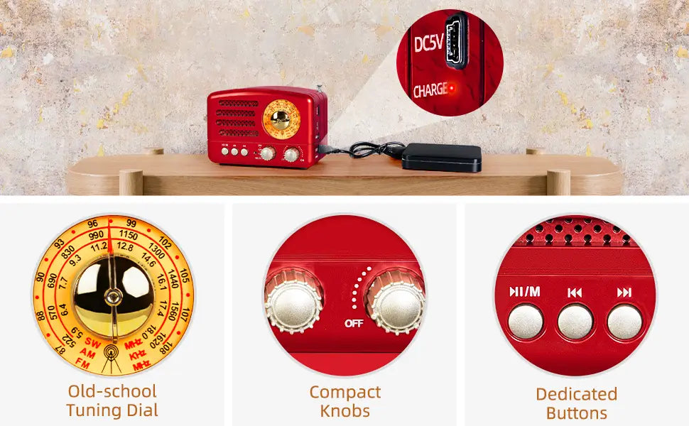 PRUNUS J-160 Classical Retro FM AM Desktop Radio Receiver Rechargeable Portable MP3 Radios Stereo 3W Bluetooth Speaker AUX USB