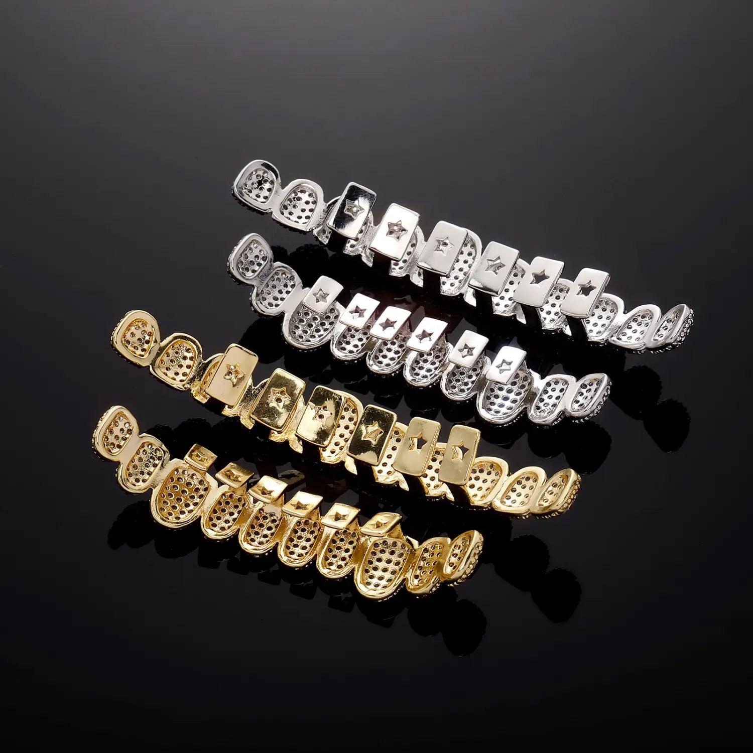 Hip pop Iced Out 10 Top &10 Bottom 5A CZ Stones Teeth Grillz Punk Rapper 14K Gold Plated Zircon Tooth Caps For Mouth Jewelry