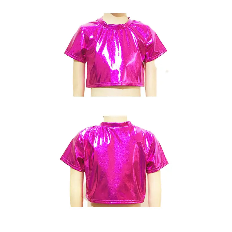 Hip Hop Kids Clothing Girls Boys Metallic Crop Top Shiny T-shirt Sparkly Jazz Dance Tops Street Dance Stage Performance Costume