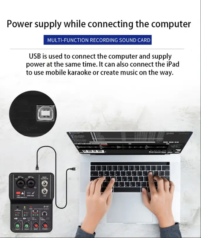 2 Channels Professional portable Audio Interface sound card console mini USB MIXER for Guitar Recording Studio Singing Q12
