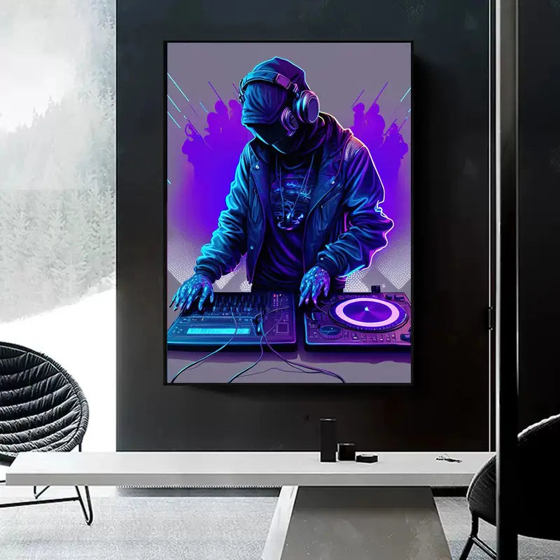 Neon Design Music Cool DJ Headphone Poster Canvas Paintings Abstract Wall Art For Bar Club Room Home Decor Frameless No LED