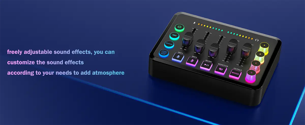 Gaming Audio Mixer,Rechargeable Audio Interface RGB Mixer with XLR Microphone Interface,48V Phantom Power,for Podcast/Recording