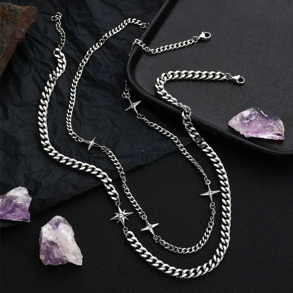 Hip Hop Double-layer Star Cross Necklace For Man Woman Titanium Steel Clavicle Chain Choker Punk Male Accessories Wholesale
