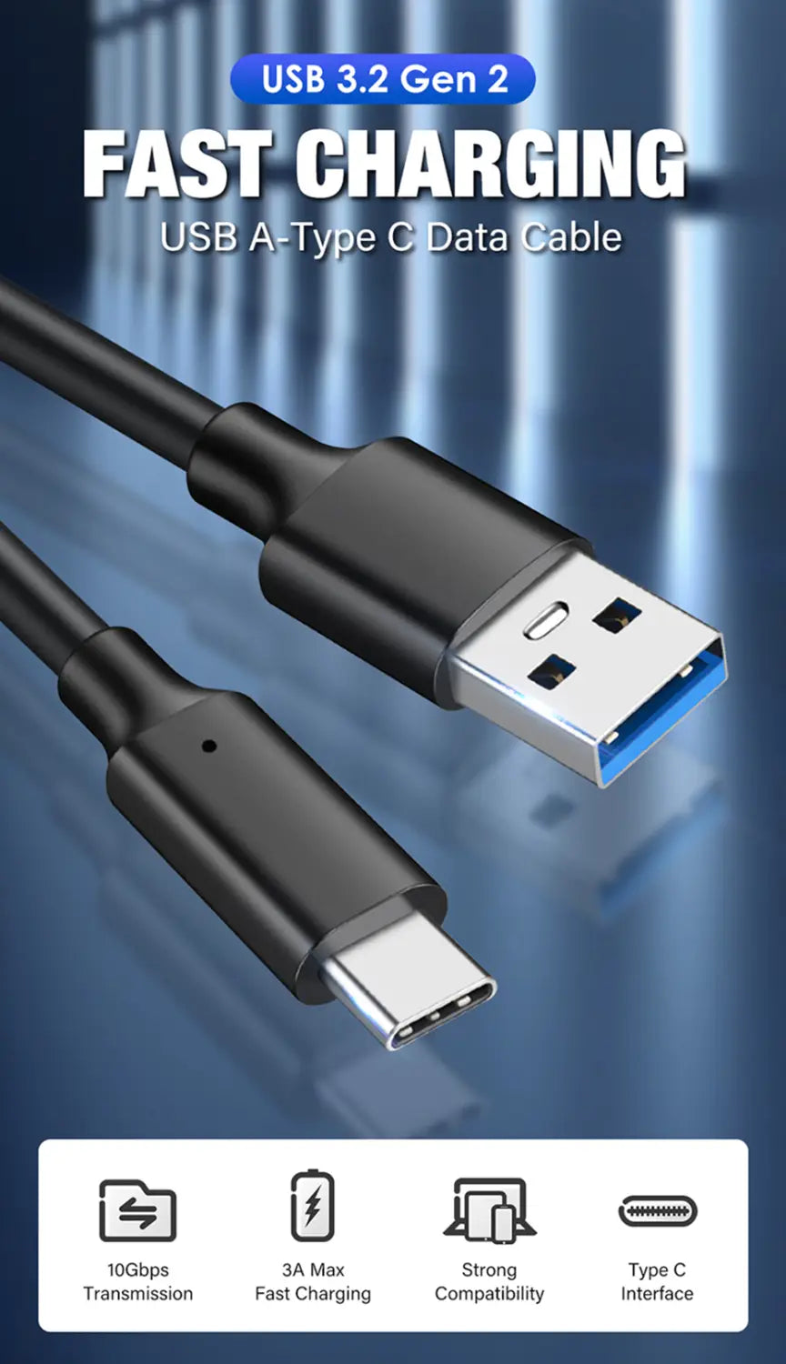 10Gbps USB 3.2 Gen 2 Type C Cable For iPhone 15 Pro Max Macbook iPad Samsung USBC Data Charger 3A Fast charge A To C 1m 2m 3m 5m