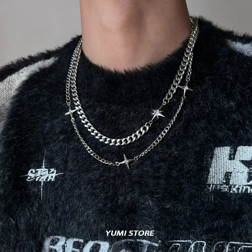 Hip Hop Double-layer Star Cross Necklace For Man Woman Titanium Steel Clavicle Chain Choker Punk Male Accessories Wholesale