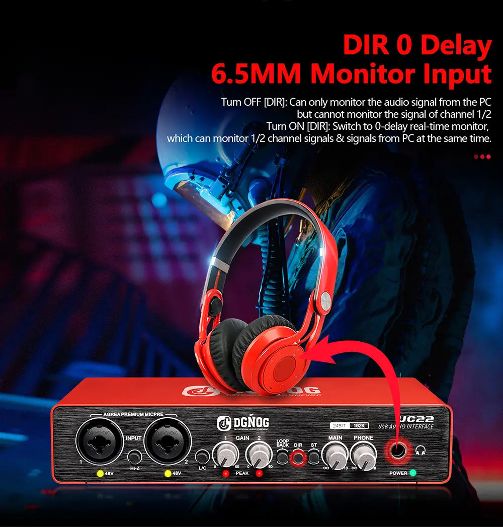 UC22 Audio Interface Sound Card 24-bit/192KHz AD Converter Electric Guitar Live Recording Professional Studio Singing Podcast