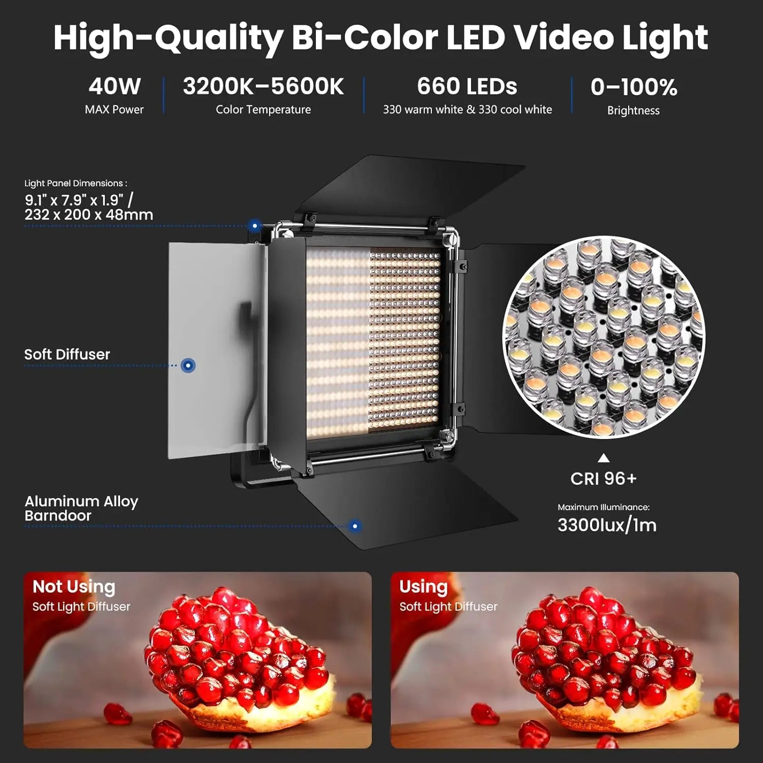 2-Pack Bi-Color 660 LED Video Light Kit with Stands Dimmable 3200-5600K CRI 96+ Studio Photography & Recording