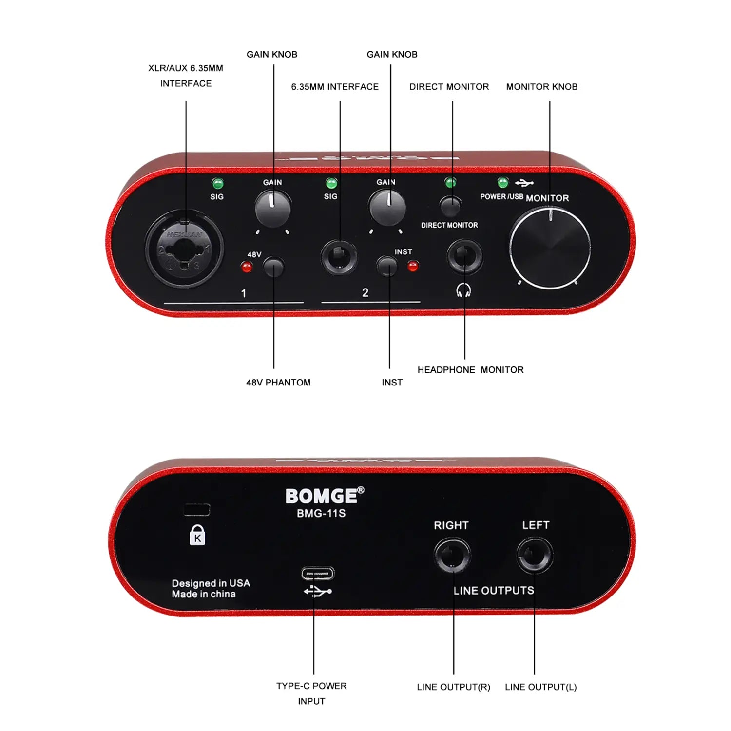 BOMGE BMG-11S Audio Interface 24-bit/192kHz Professional Sound Card And Monitor Headphones Amplifier Are Used For Live Recording