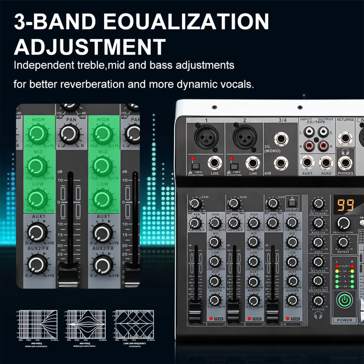 KDES KP4 Audio Mixer 4 Channel 99 DSP Effect Record PC 48V Phantom Power USB Sound Mixers Bluetooth DJ Console Mixing for Karaok