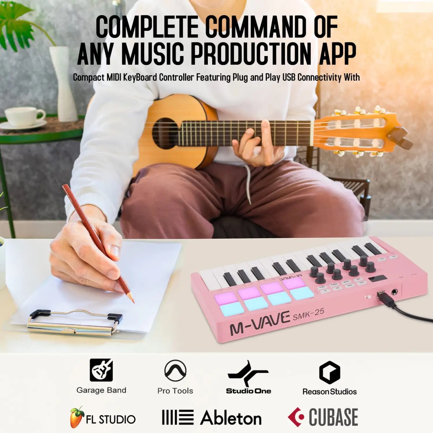 M-VAVE Pink SMK-25 Key MIDI Controller w/8 RGB Pads/8 Assignable 360°knobs/Bluetooth 5.0/USB-B type interface