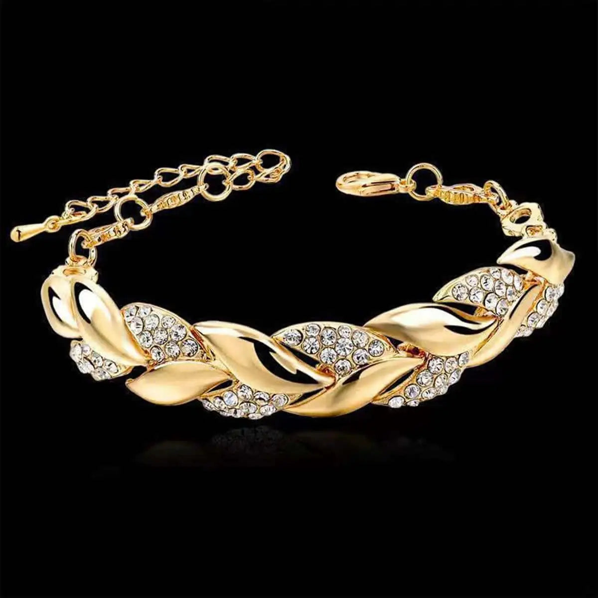 1PC Hip Hop Leaf Bracelet Women’s Gold Twisted Shining Crystal Stone Pendant Bracelet Elegant Adjustable Chain Daily Jewelry