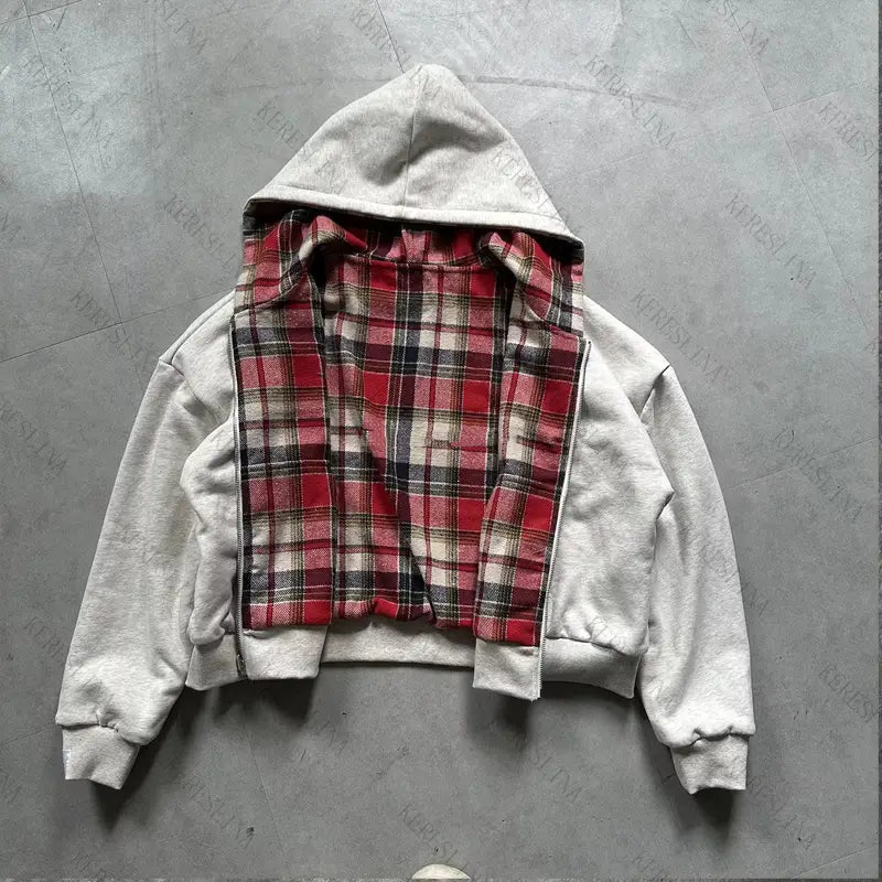 Hip-hop streetwear fake two-piece plaid cardigan hooded sweatshirt jacket American retro fashion all-match new unisex jacket emo