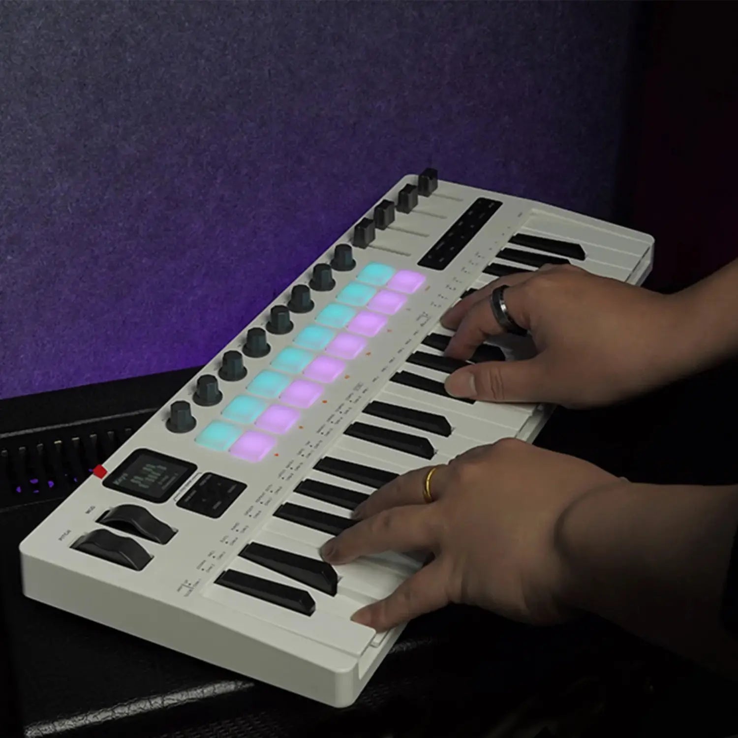 M-VAVE SMK-37 Pro Keyboard MIDI Controller w/Built-in Synthesizer|16 RGB Backlit Drum Pads,8 Knobs,4 Sliders/Music Production