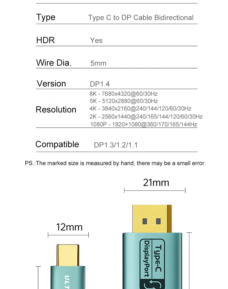 8K DP to Type C Cable Bidirectional USB C to Displayport 1.4 for iPhone 15 Macbook Pro iPad iMac Compatible Thunderbolt 3/4