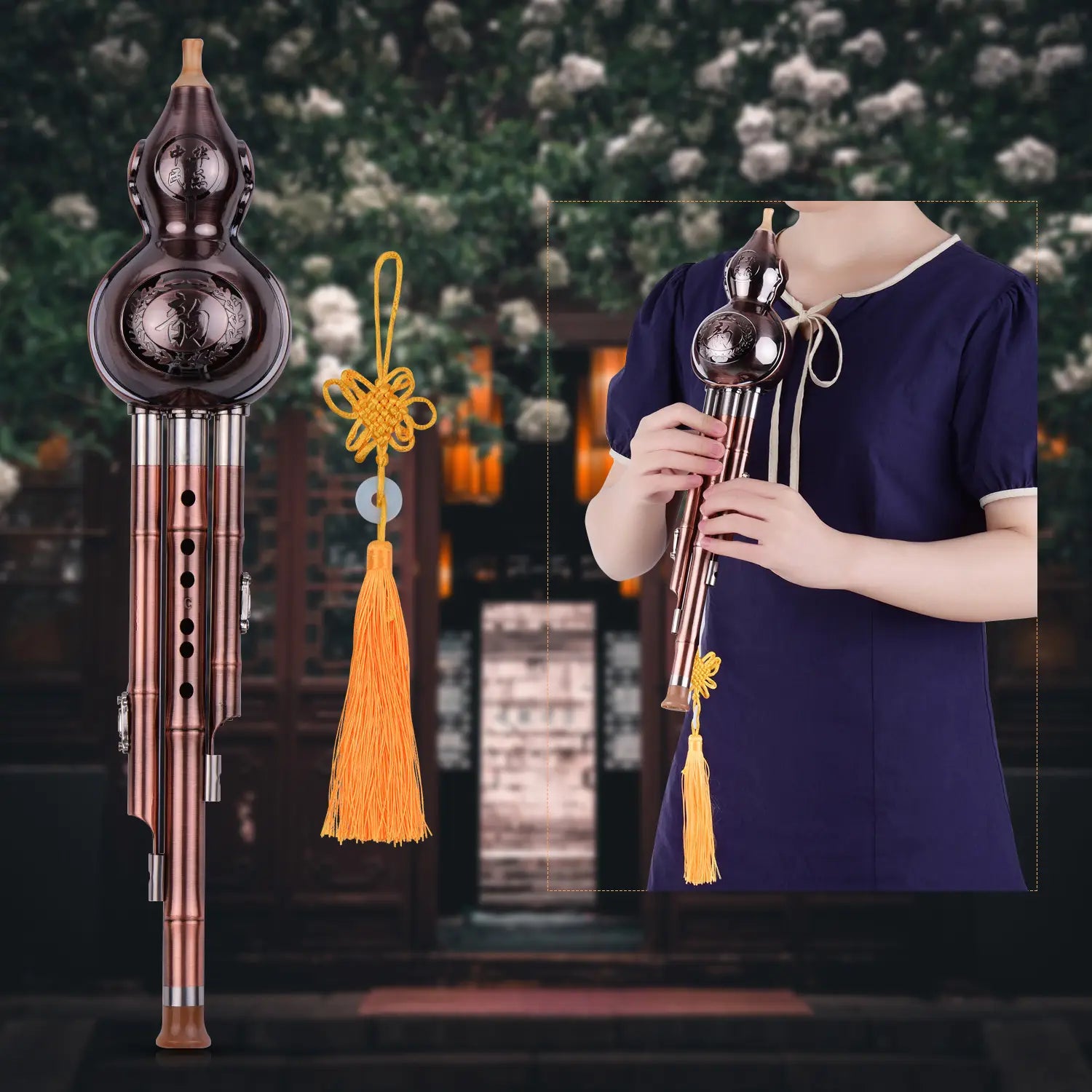 3 Tone C-Key Hulusi Gourd Cucurbit Flute Aluminum with Copper Plated Pipes Chinese Traditional Instrument Gourd Flute