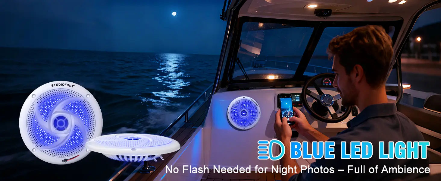 STUDIOFINIX 6.5’’ 240W Waterproof Marine Speakers 2-Way with LEDs Low-Profile for Boat RV ATV UTV Golf Cart (2Pk White)