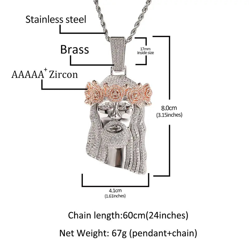 Hip Hop Micro Paved AAA+ Cubic Zirconia Bling Iced Out Flower Hat JESUS PIECE Pendants Necklaces for Men Rapper Jewelry