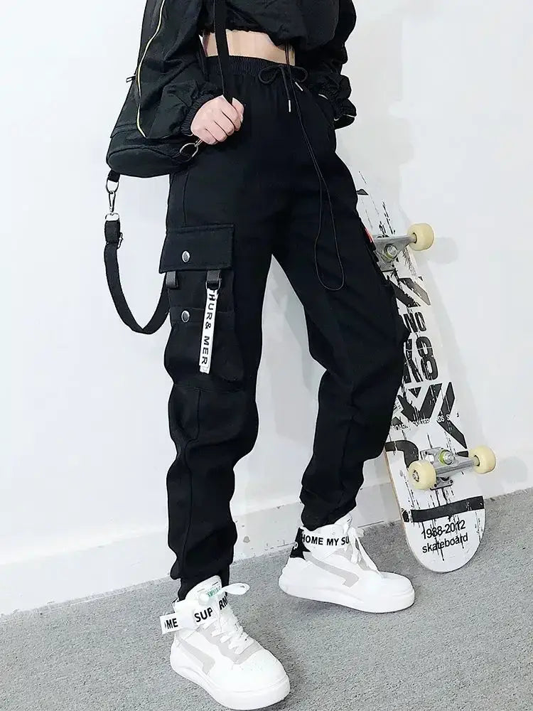 Hip Hop Women’s Sports Fashion Cargo Pants Loose and Casual Korean Harem Pants Black Joggers with Multiple Pockets Trousers 5XL