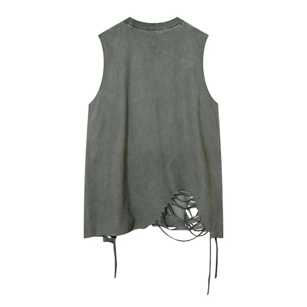 Hip Hop Tank Tops Men’s Vintage Washed Sleeveless T-Shirt Hole Harajuku Dancing Breathable Tops with Necklace Streetwear