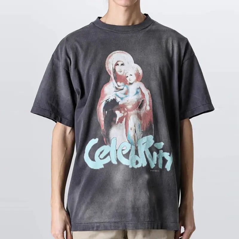 Hip Hop Retro Racing Style Graffiti Color Blocking Saint Micheal T-Shirt Men Women High Quality Oversized T Shirt Tee Tops