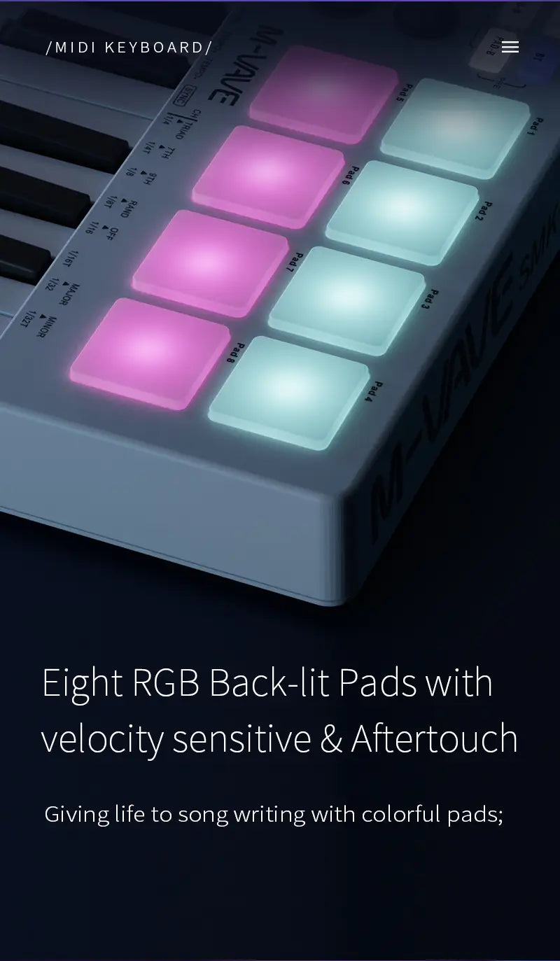 M-vave SMK-25 Mini 25 Keys Wireless / USB MIDI Keyboard Controller With 8 Backlit Drum Pads 8 Knobs and 2 Touch Stripes