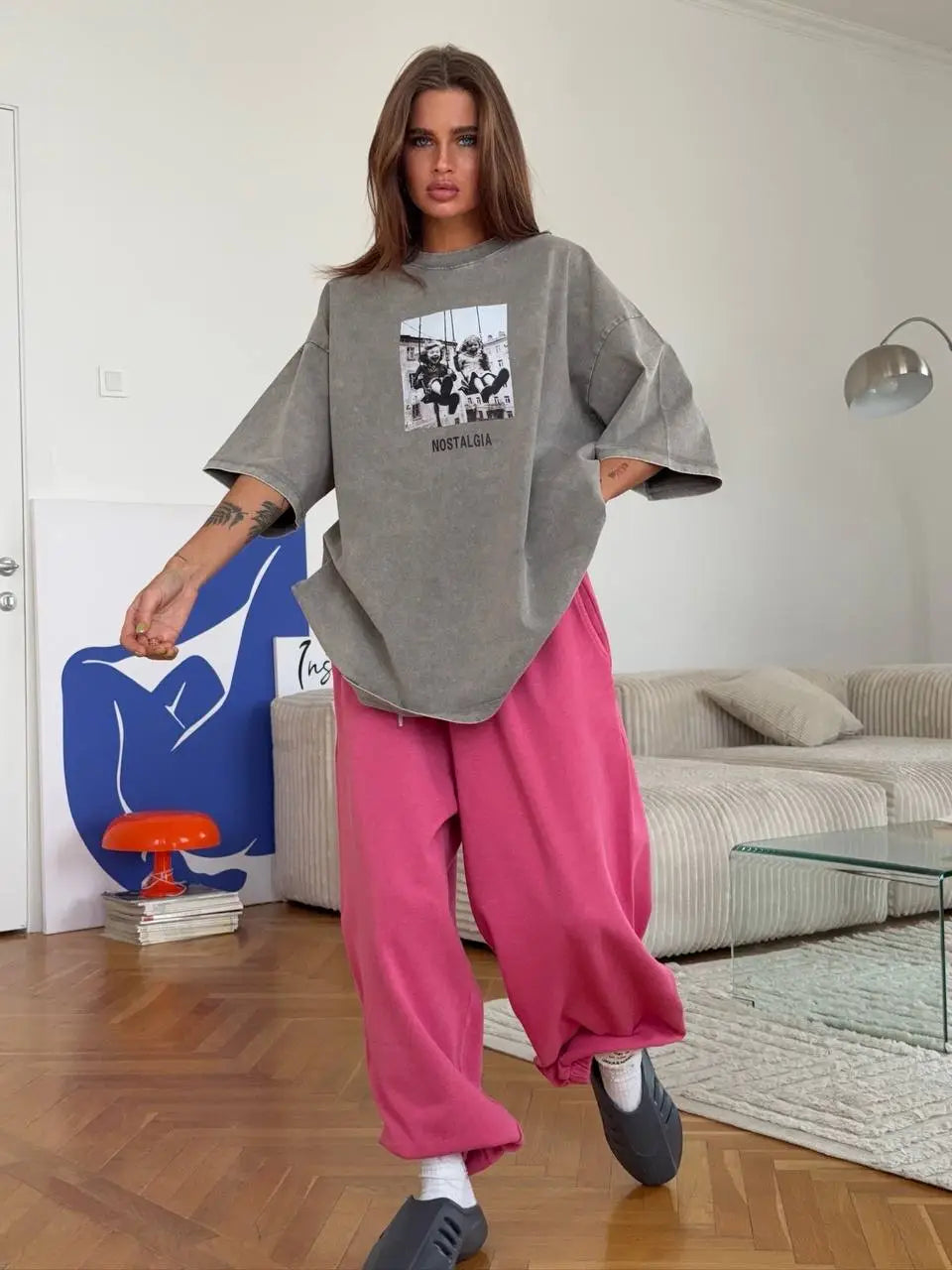 Sumuyoo 100% Cotton Women’s Retro Printed T-shirt Men Vintage Short-sleeve Wax printing T Shirts Fashion Hip Hop Loose Tees