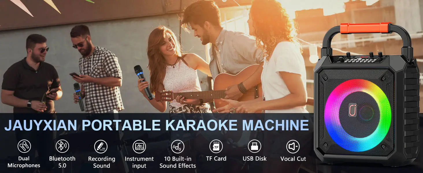 Karaoke Machine with 2 Wireless Microphones Portable Speaker with LED Lights for Kids and Adults Supports Bluetooth/USB/TF/AUX