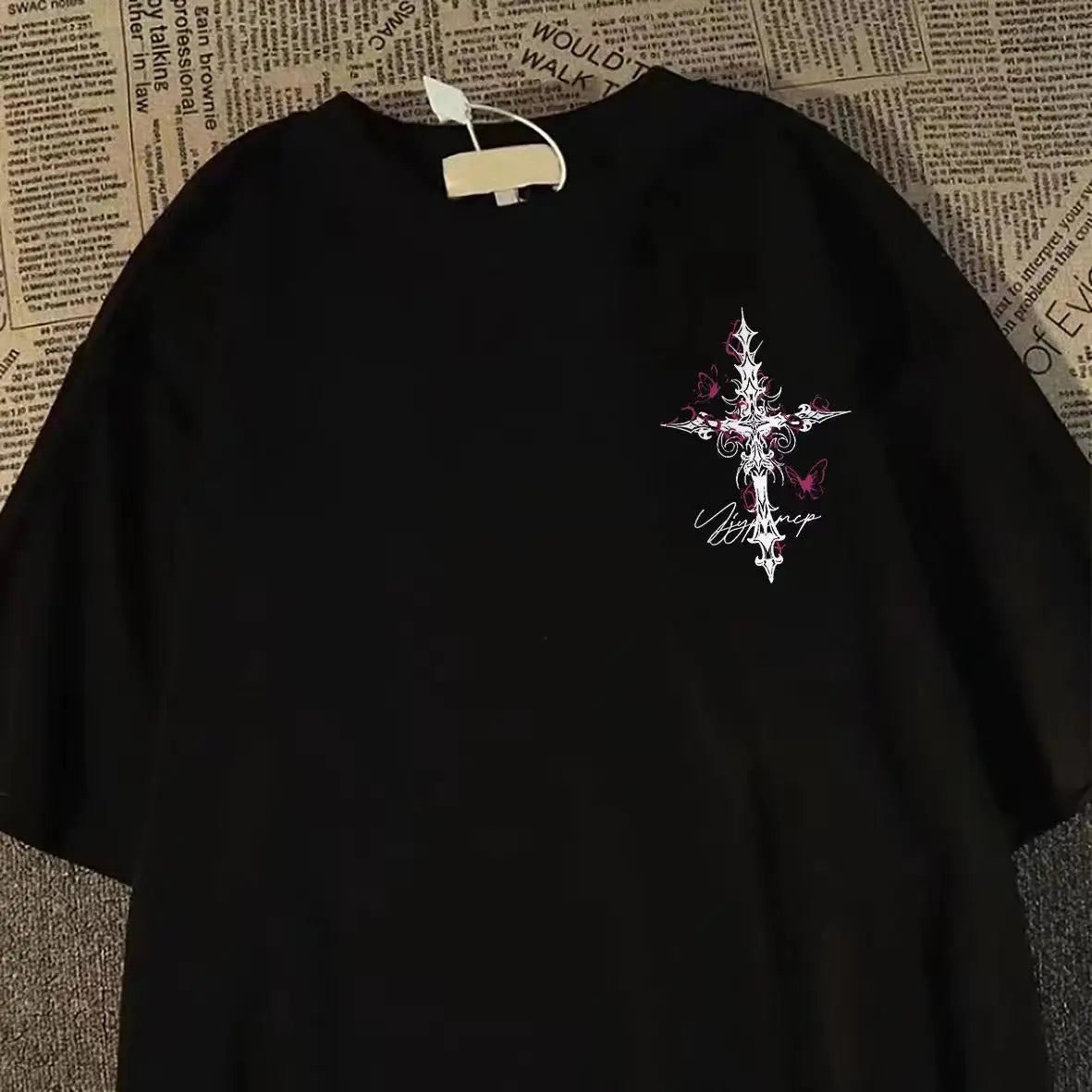 Hip-hop Cross Print Loose Short-sleeved T-shirt for Men and Women American High Street Style for Summer
