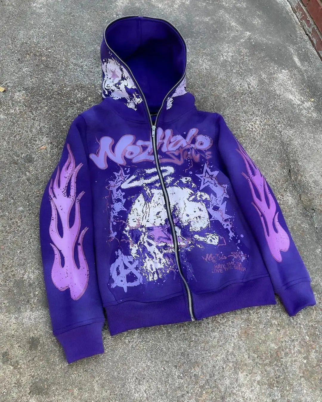 American retro Harajuku street dark hip-hop high street cartoon print zipper hoodie loose hoodie street trendsetters loose trend