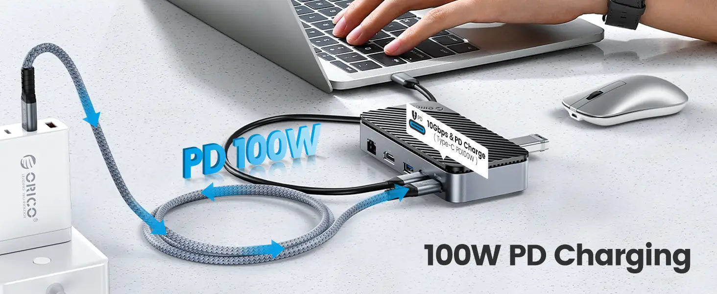 ORICO-USB C HUB with Cooling Fan M.2 NVMe SATA SSD Enclosure External 10Gbps 4K 60Hz HDMI-Com RJ45 SD TF Docking Station