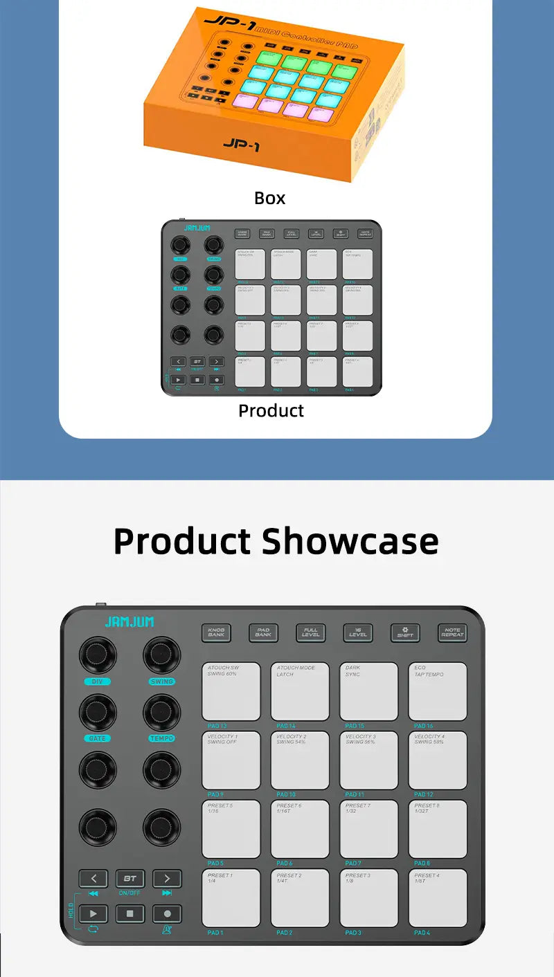 JAMJUM MIDI Controller Pad BT RGB Strike Pad Backlight MIDI Connection Low Latency 3.5mm Output Interface RGB Pad