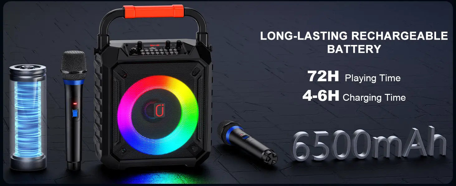 Karaoke Machine with 2 Wireless Microphones Portable Speaker with LED Lights for Kids and Adults Supports Bluetooth/USB/TF/AUX