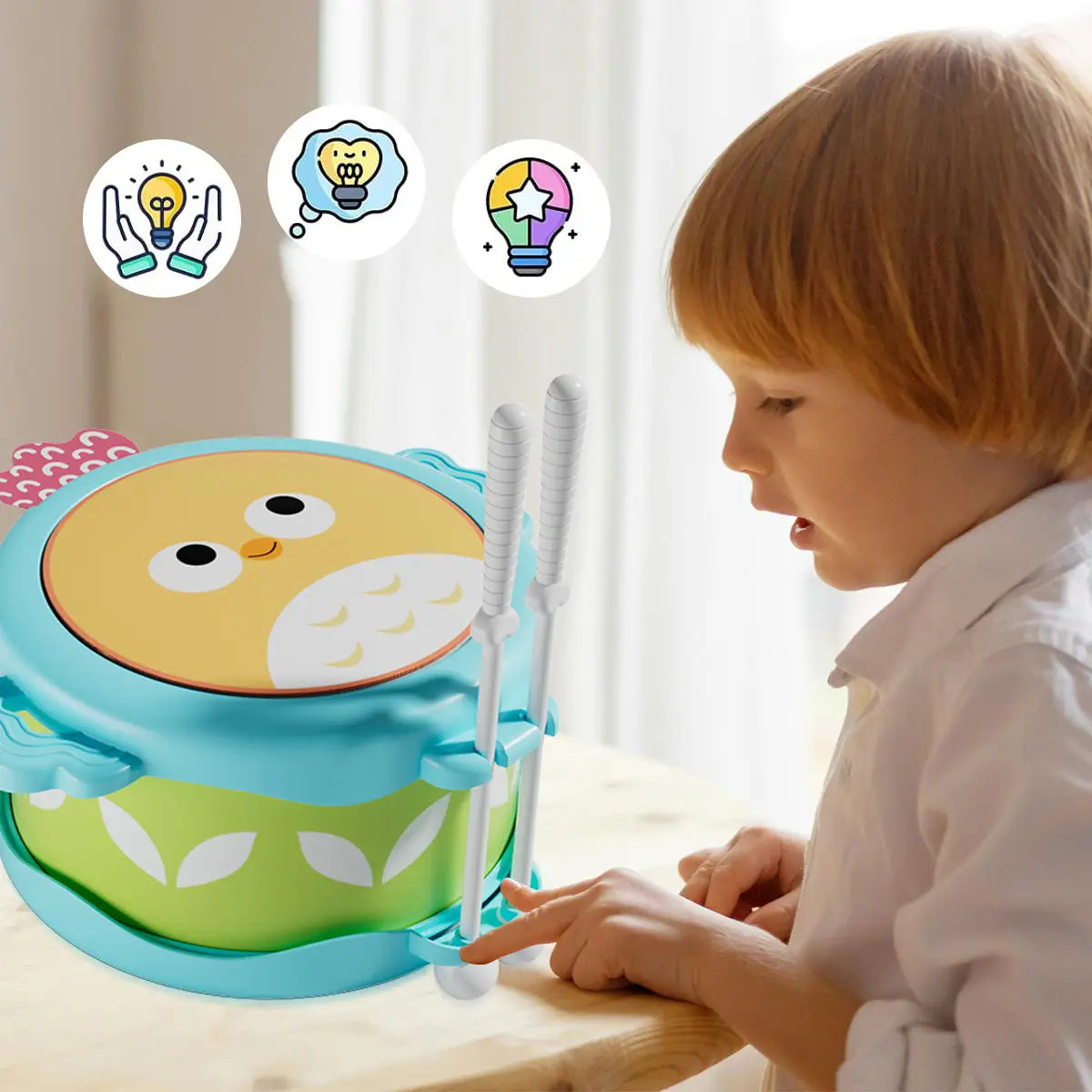 Owl Double sided Drum - Education Musical Instrument Cultivating Motor Skills Hand Eye Coordination and Brain Potential