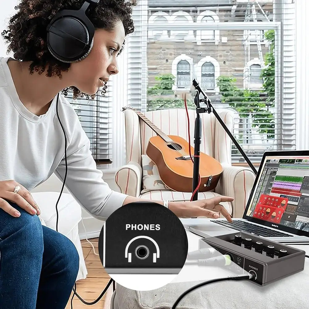 Audio Interface 16-bit/48kHz chip USB 2.0 Interface for Mac PC Music Interface with 48V Phantom Power Ideal for Beginner