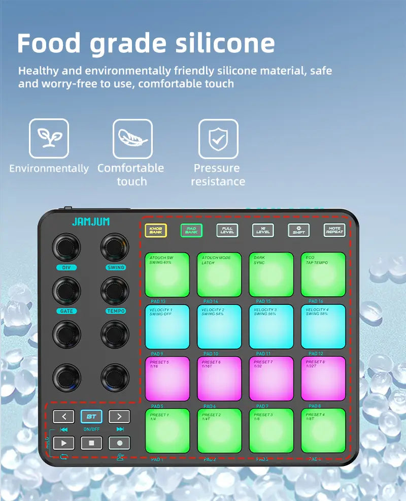 JAMJUM MIDI Controller Pad BT RGB Strike Pad Backlight MIDI Connection Low Latency 3.5mm Output Interface RGB Pad