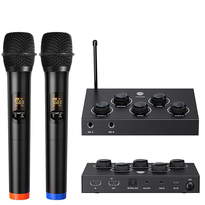 New Launch Dual Channels Karaoke Mixer for home theater with UHF Wireless Microphone HD ARC Optical(Toslink) AUX