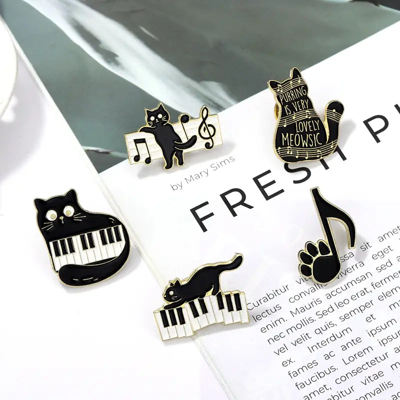 Black Cat Music Enamel Pin Animal Cute Musical Instrument Notes Piano Brooch Badge Friends Gift Wholesale Backpack Accessories
