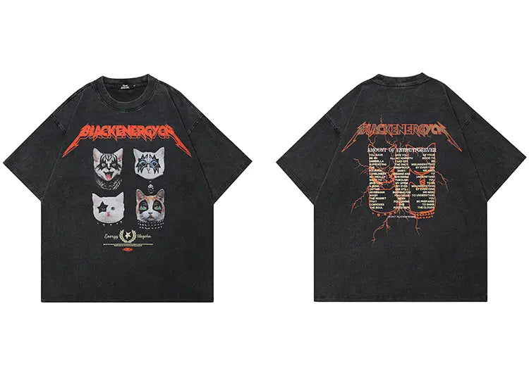 Hip Hop Streetwear 2025 Men T-Shirt Oversized Funny Graphic Masked Cats T Shirt Retro Washed Black Tshirt Cotton Unisex Tops Tee