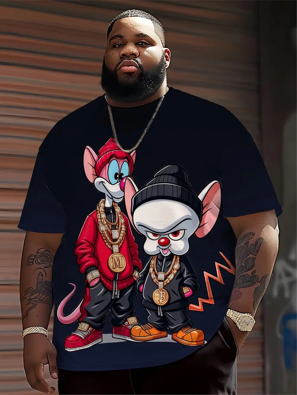 Men’s Hip Hop Cartoon Animal Printed Round Neck T-shirt 100% Polyester Fabric Summer Street Top Suitable for Daily Wearing