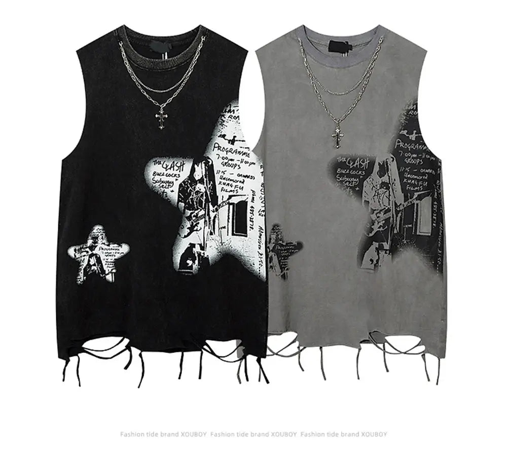 Hip Hop Fashion Tank Tops Men’s Graffiti Printed Necklace Sleeveless T-Shirt Ripped Hole Harajuku Dancing Tops Streetwear