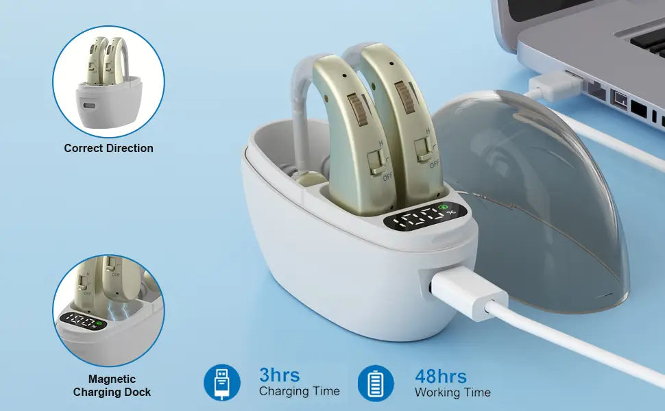 Auxiliary headphones sound amplifier noise reduction adjustable volume hanging ear with charging case