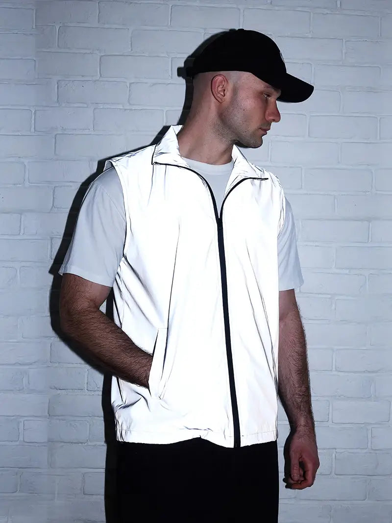 Hip-hop Streetwear Reflective Sleeveless Vest Men’s Spring Summer Lightweight Stand Collar Night Running Dancing Outdoor Jacket