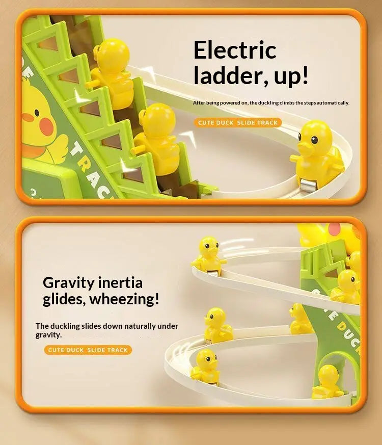 Electric Duck Climbing Stairs Toy with LED Lights & Music Roller Coaster Track Slide Parent-Child Interactive Toy for Kids